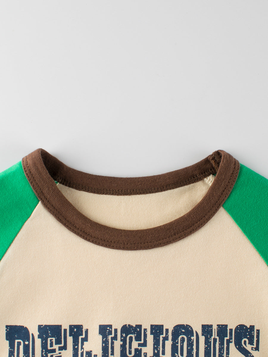 Autumn Arrival Kids Girls Cartoon Print Crew Neck Long Sleeves Color Patchwork Top