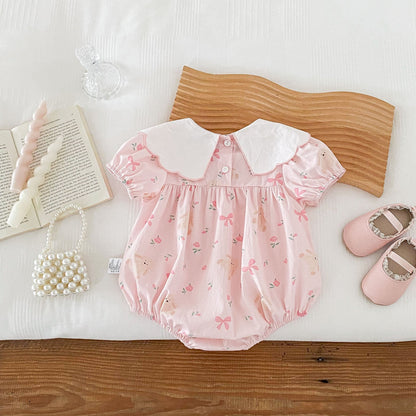 Summer Hot Selling Baby Girls Short Sleeves Teddy And Bows Pattern Pink Onesie