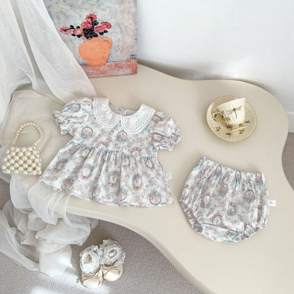 Summer Baby Kids Girls Floral Pattern Short Sleeves Dress and Bloomers Clothing Set