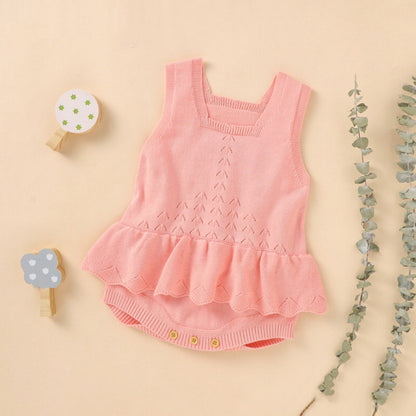Baby Girl 1pcs Hollow Carved Design Square Neck Ruffle Deisign Knitted Onesies