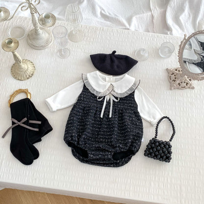 Arrival Spring Girls Long Sleeves Lace-trim Turn-down Collar Top and Sleeveless Onesies Set Clothing Set-1