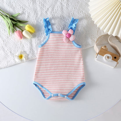 Baby Girl Striped Pattern Floral Patched Design Sling Onesies