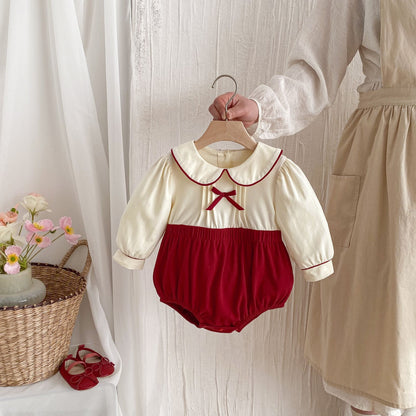 Spring Arrival Baby Girls Cute Color Patchwork Long Sleeves Peter Pan Collar Onesies