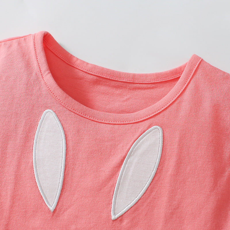 Summer Baby Kids Cartoon Rabbit Pattern T-shirt and Striped Pants Clothing Set for Girls