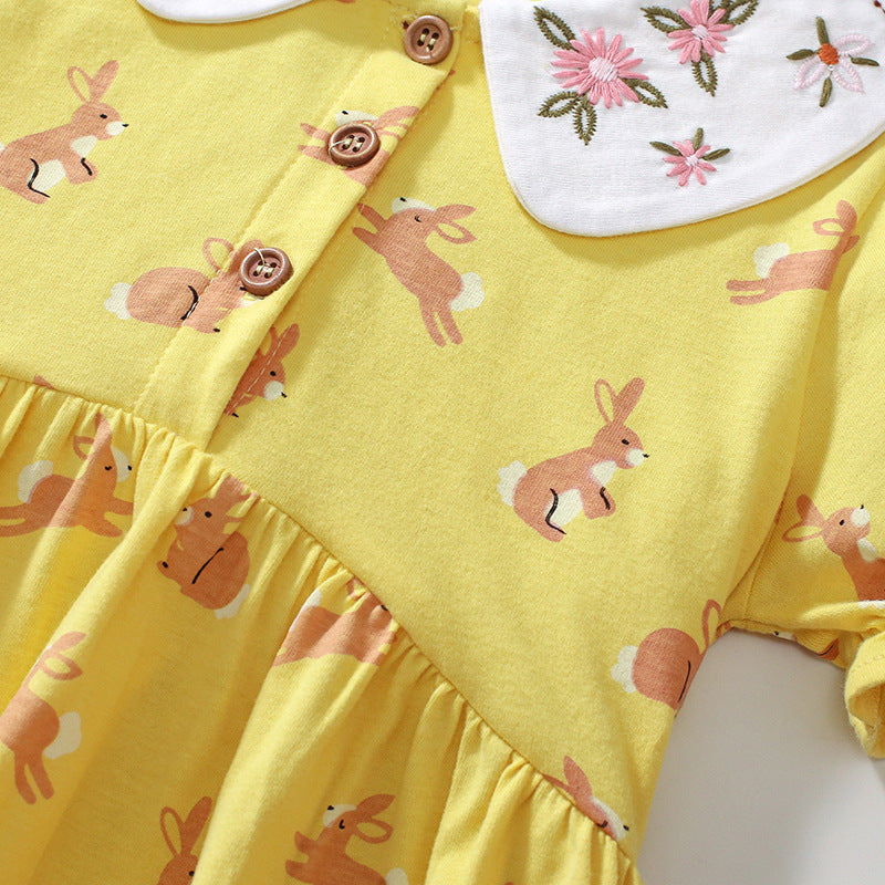 Summer Arrival Cartoon Rabbits Pattern Short Sleeves Dress for Stylish Girls