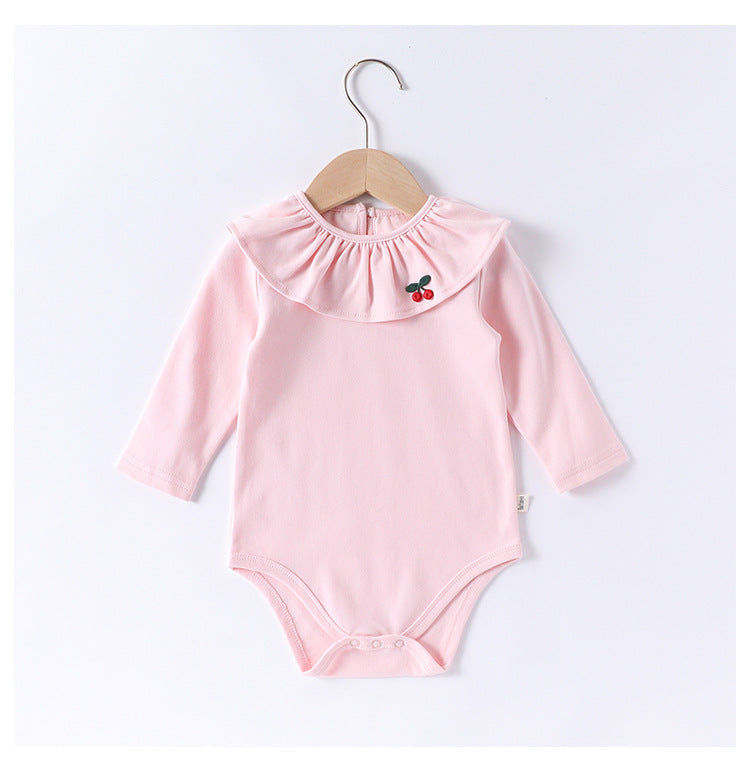 Spring Arrival Baby Girls Long Sleeves Cherry Embroidered Collar Onesies Bodysuits