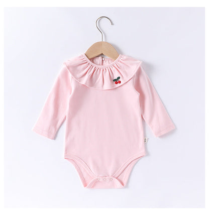 Spring Arrival Baby Girls Long Sleeves Cherry Embroidered Collar Onesies Bodysuits