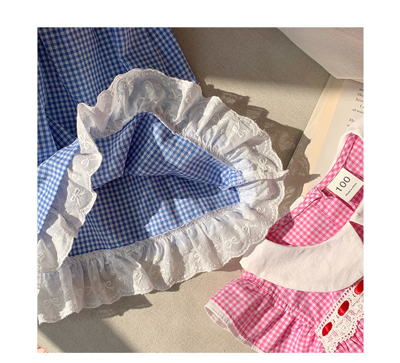 Summer Baby Kids Girls French Fly Sleeves Floral Pattern Embroidered Pattern Plaid Dress
