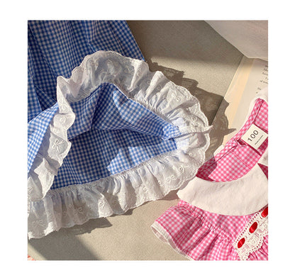 Summer Baby Kids Girls French Fly Sleeves Floral Pattern Embroidered Pattern Plaid Dress