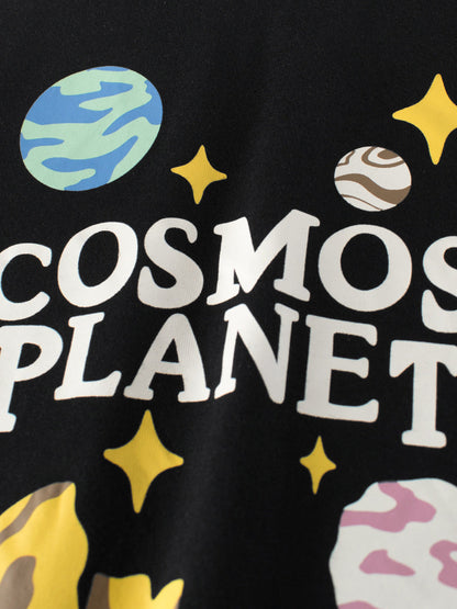 Boys’ Planet Cartoon and Letters Print T-shirt in European and American Style