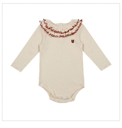 Spring Arrival Baby Girls Long Sleeves Ruffle Design Onesies Bodysuits with Simple Embroidery