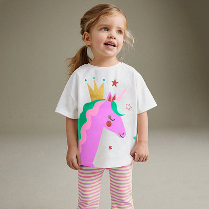 Summer Baby Kids Cartoon Unicorn Pattern T-shirt and Striped Pants Clothing Set for Girls