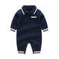 Baby Solid Color Quarter Button Design Lapel Knitted College Style Rompers