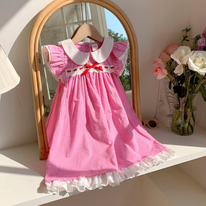 Summer Baby Kids Girls French Fly Sleeves Floral Pattern Embroidered Pattern Plaid Dress