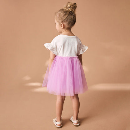 Summer Pure Cotton Cartoon Dancers Pattern Short Sleeves Tulle Patchwork Dress for Stylish Girls