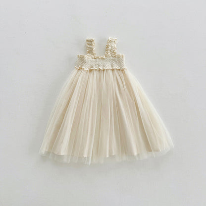 Summer Baby Kids Girls Sleeveless Solid Color Mesh Patchwork Design Off Shoulder Strap Dress-3