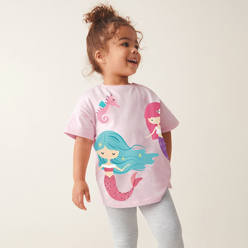 Summer Baby Kids Cartoon Mermaid Pattern T-shirt and Grey Pants Clothing Set for Girls