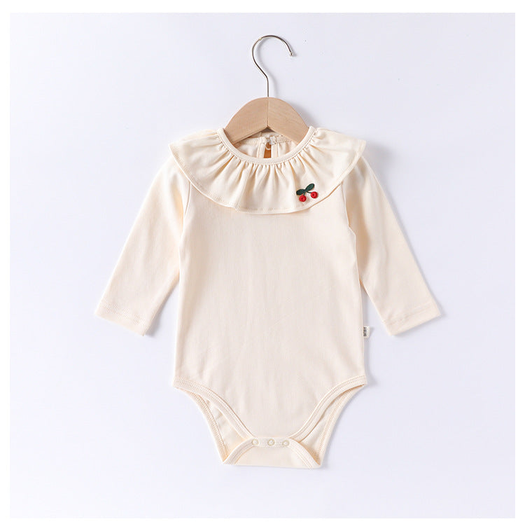 Spring Arrival Baby Girls Long Sleeves Cherry Embroidered Collar Onesies Bodysuits