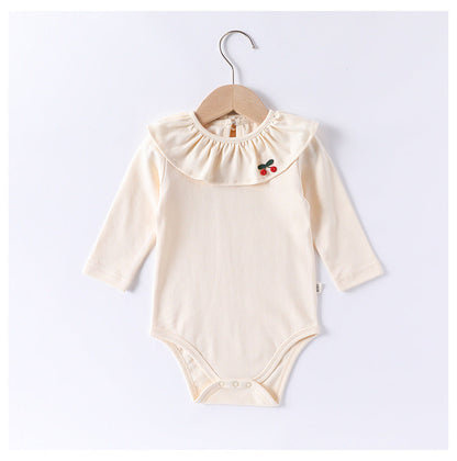 Spring Arrival Baby Girls Long Sleeves Cherry Embroidered Collar Onesies Bodysuits