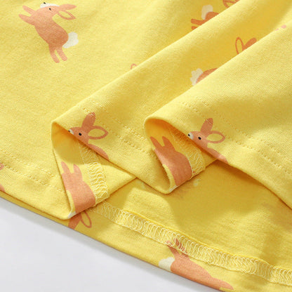 Summer Arrival Cartoon Rabbits Pattern Short Sleeves Dress for Stylish Girls