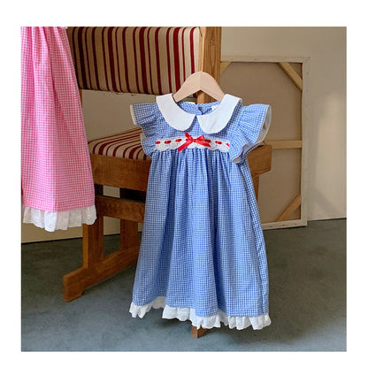 Summer Baby Kids Girls French Fly Sleeves Floral Pattern Embroidered Pattern Plaid Dress