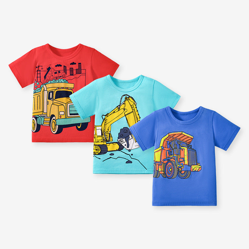 Kids’ Trucks Cartoon Pattern Short Sleeves T-shirt in European and American Style for Summer