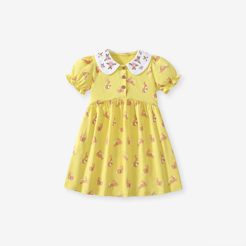 Summer Arrival Cartoon Rabbits Pattern Short Sleeves Dress for Stylish Girls