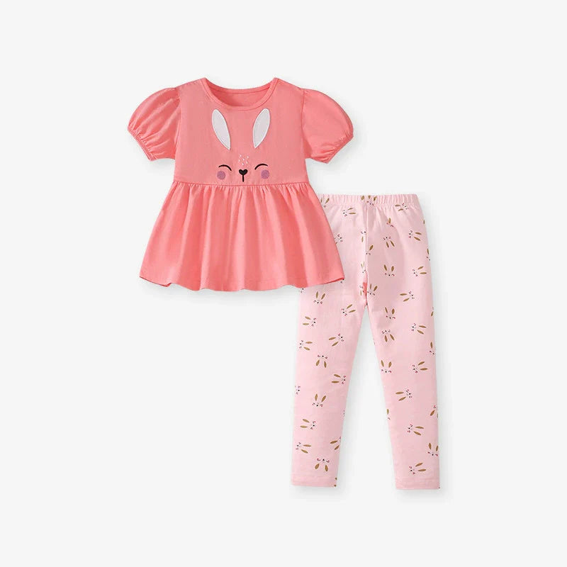 Summer Baby Kids Cartoon Rabbit Pattern T-shirt and Striped Pants Clothing Set for Girls