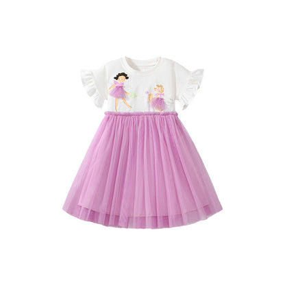 Summer Pure Cotton Cartoon Dancers Pattern Short Sleeves Tulle Patchwork Dress for Stylish Girls