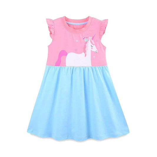Summer Hot Selling Cute Unicorn Cartoon Pattern Fly Sleeves Color Patchwork Dress for Stylish Girls-0