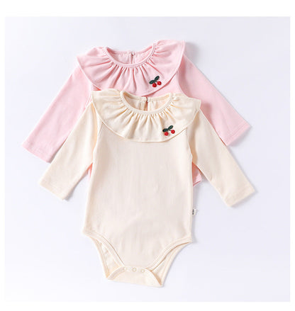 Spring Arrival Baby Girls Long Sleeves Cherry Embroidered Collar Onesies Bodysuits