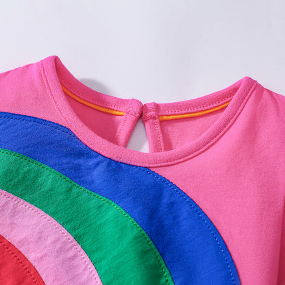 Summer Arrival Rainbow Pattern Short Sleeves Tulle Patchwork Dress for Stylish Girls-3