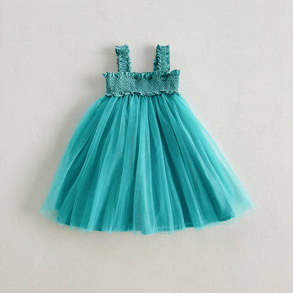 Summer Baby Kids Girls Sleeveless Solid Color Mesh Patchwork Design Off Shoulder Strap Dress-1
