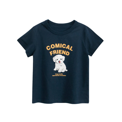 Boys’ Puppy Cartoon and Letters Print T-shirt in European and American Style