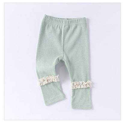 Children’s Spring Lace Trim Attached Breathable Pants for Girls – Home Trousers