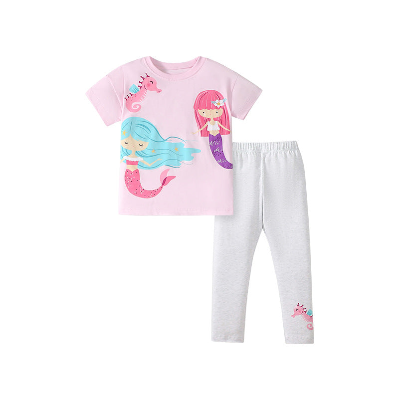 Summer Baby Kids Cartoon Mermaid Pattern T-shirt and Grey Pants Clothing Set for Girls