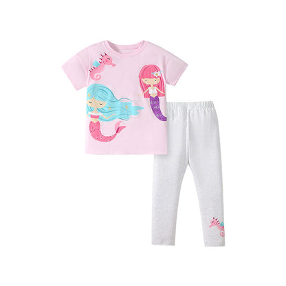 Summer Baby Kids Cartoon Mermaid Pattern T-shirt and Grey Pants Clothing Set for Girls
