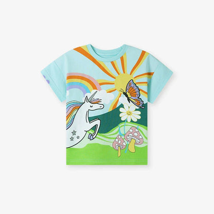 Kids’ Unicorn Cartoon Pattern Short Sleeves T-shirt in European and American Style for Summer-0
