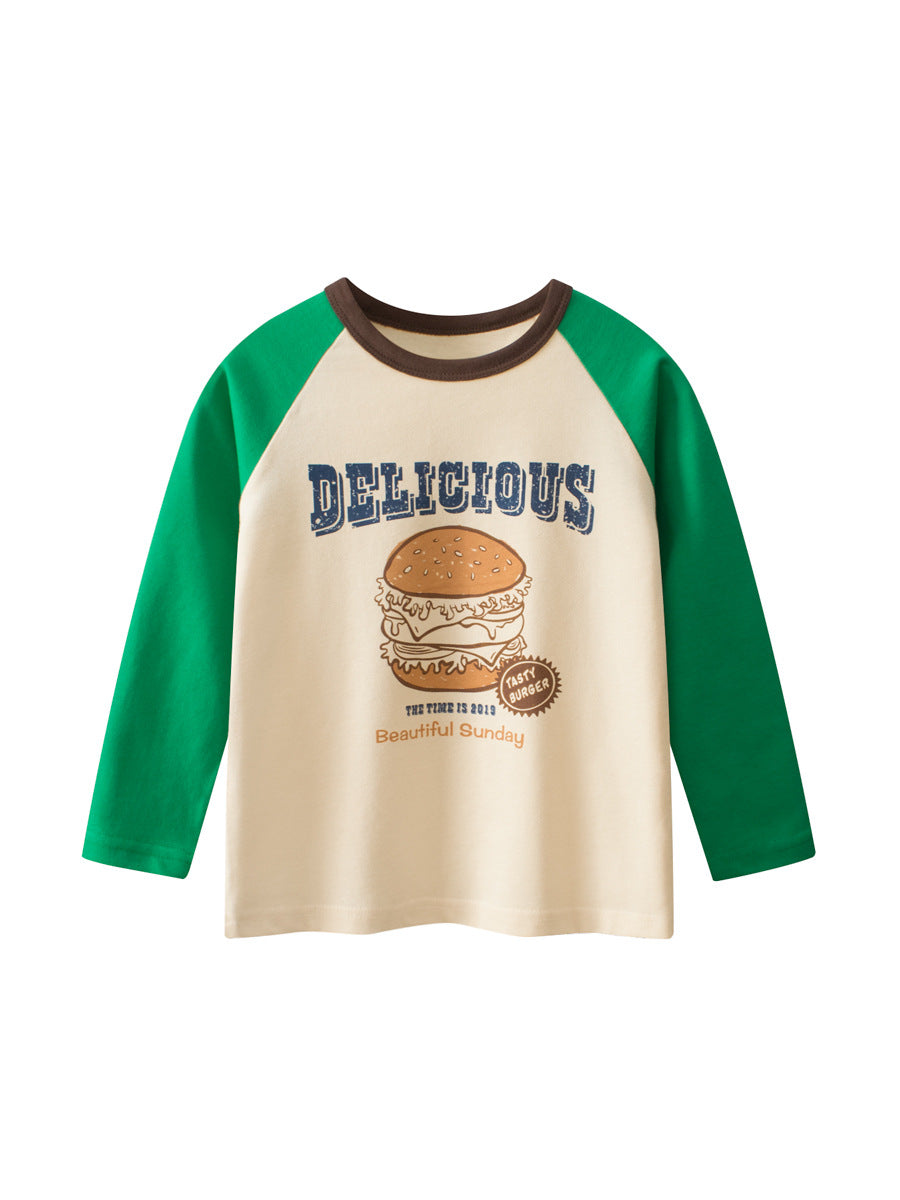 Autumn Arrival Kids Girls Cartoon Print Crew Neck Long Sleeves Color Patchwork Top
