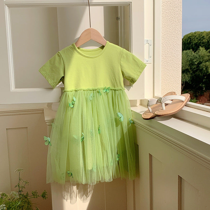 Summer Baby Kids Girls Princess Crew Neck Short Sleeves 3D Butterfly Mesh Patchwork Dress