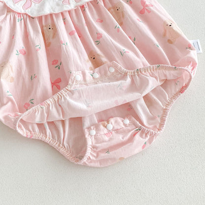 Summer Hot Selling Baby Girls Short Sleeves Teddy And Bows Pattern Pink Onesie
