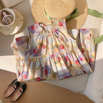 Summer Baby Kids Girls Sleeveless Oil-Painting Flowers Pattern Dress