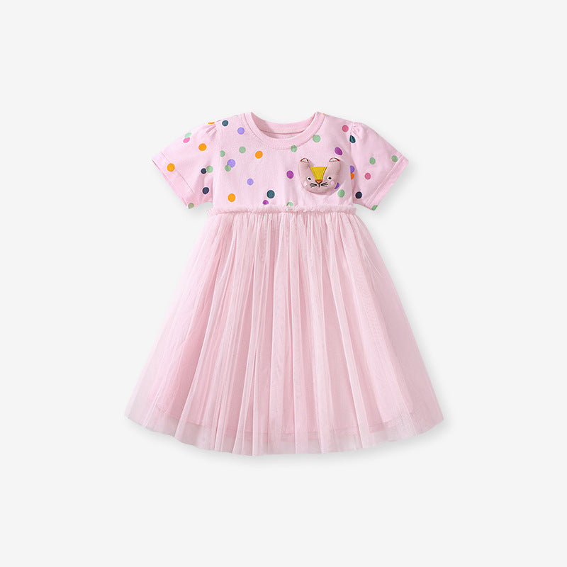 Summer Arrival Polka Dots Pattern Short Sleeves Tulle Patchwork Dress for Stylish Girls