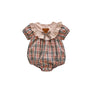 Summer Hot Selling Baby Girls Short Sleeves Plaid Crew Neck Teddy Pattern Onesie-1