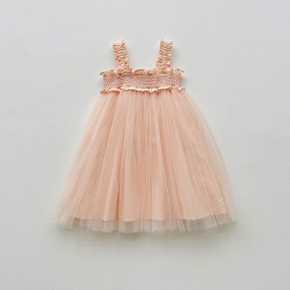 Summer Baby Kids Girls Sleeveless Solid Color Mesh Patchwork Design Off Shoulder Strap Dress-2