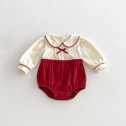 Spring Arrival Baby Girls Cute Color Patchwork Long Sleeves Peter Pan Collar Onesies