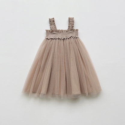 Summer Baby Kids Girls Sleeveless Solid Color Mesh Patchwork Design Off Shoulder Strap Dress-4