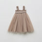 Summer Baby Kids Girls Sleeveless Solid Color Mesh Patchwork Design Off Shoulder Strap Dress-4