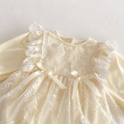 Spring Arrival Baby Girls Cute Floral Embroidered Tulle Long Sleeves Onesies