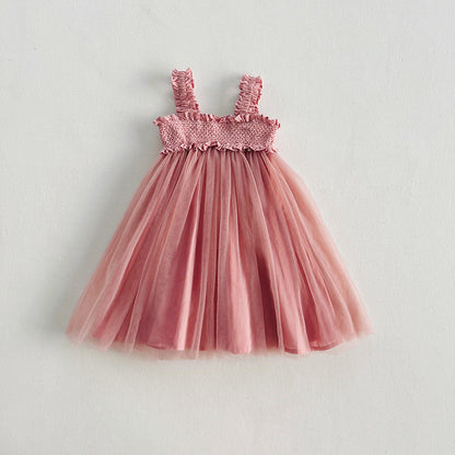 Summer Baby Kids Girls Sleeveless Solid Color Mesh Patchwork Design Off Shoulder Strap Dress-5